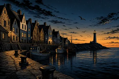 Graphic novel (style): an empty harbor town at dusk