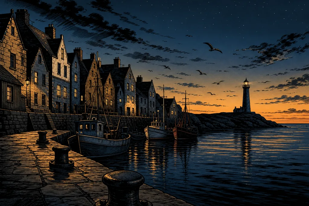 Graphic novel — an empty harbor town at dusk