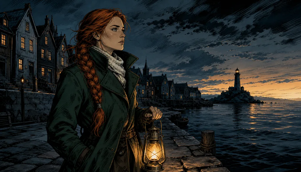 Graphic novel — the heroine with a lantern on the pier at dusk