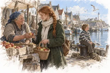 Painterly study (style): a sunny morning on the quay: the heroine, a market woman and a boy