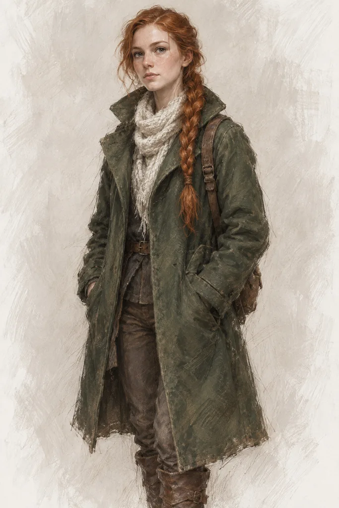 Painterly study — the heroine in full length on a neutral backdrop