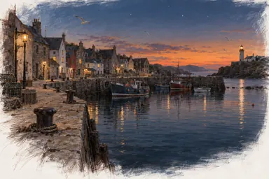 Painterly study (style): an empty harbor town at dusk