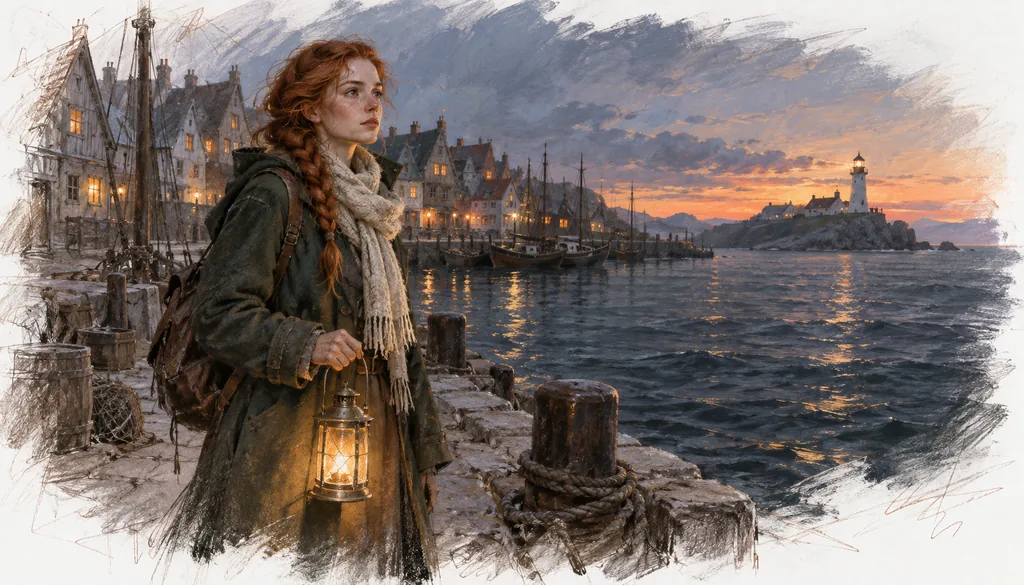 Painterly study — the heroine with a lantern on the pier at dusk