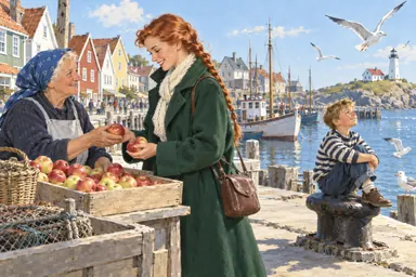 Retro US · glossy gouache (style): a sunny morning on the quay: the heroine, a market woman and a boy