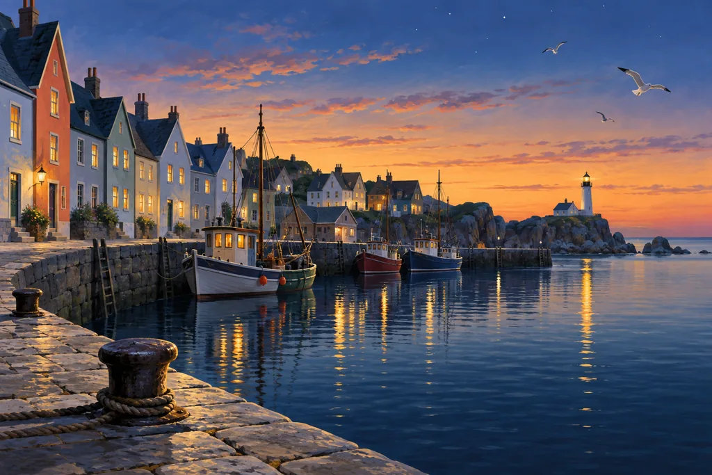 Retro US · glossy gouache — an empty harbor town at dusk