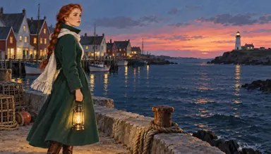 Retro US · glossy gouache (style): the heroine with a lantern on the pier at dusk