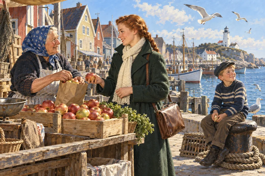 Retro US · magazine realism — a sunny morning on the quay: the heroine, a market woman and a boy