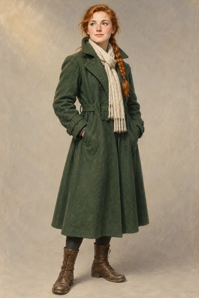 Retro US · magazine realism — the heroine in full length on a neutral backdrop