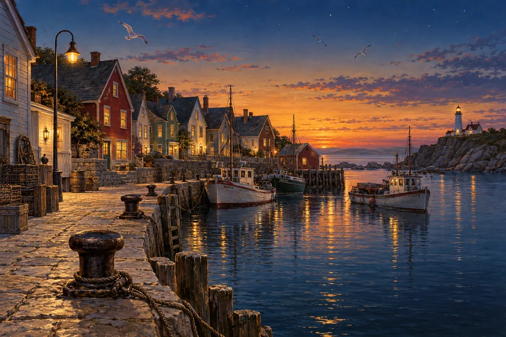 Retro US · magazine realism — an empty harbor town at dusk