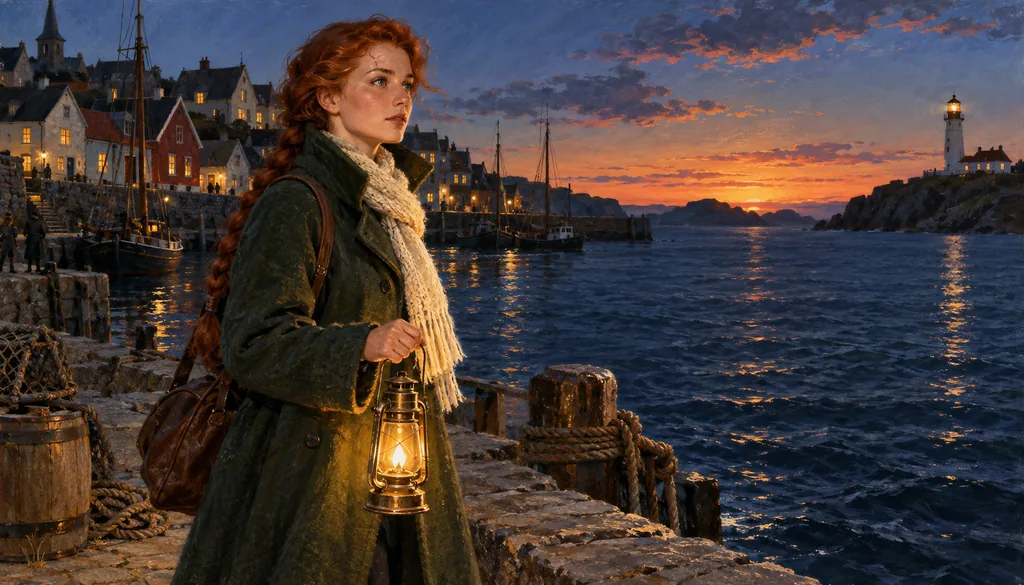 Retro US · magazine realism — the heroine with a lantern on the pier at dusk