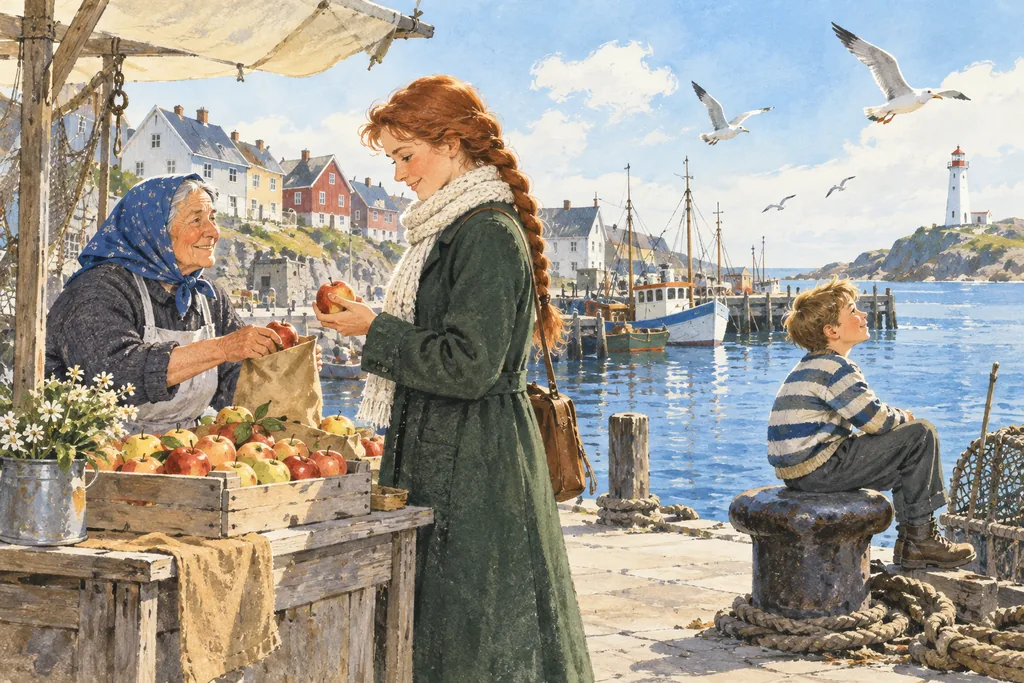 Retro USSR · book illustration — a sunny morning on the quay: the heroine, a market woman and a boy