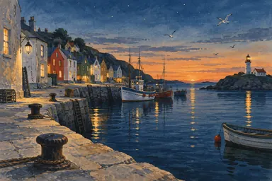 Retro USSR · book illustration (style): an empty harbor town at dusk