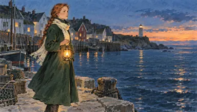 Retro USSR · book illustration (style): the heroine with a lantern on the pier at dusk