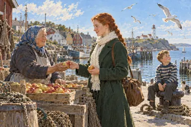 Retro USSR · sunlit painting (style): a sunny morning on the quay: the heroine, a market woman and a boy