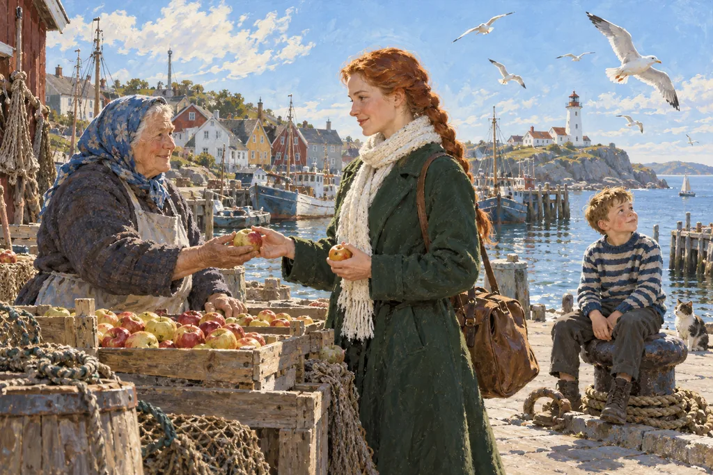 Retro USSR · sunlit painting — a sunny morning on the quay: the heroine, a market woman and a boy
