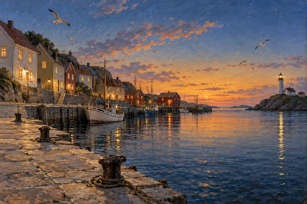 Retro USSR · sunlit painting — an empty harbor town at dusk