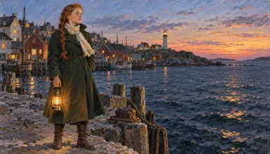 Retro USSR · sunlit painting (style): the heroine with a lantern on the pier at dusk