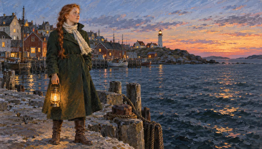 Retro USSR · sunlit painting — the heroine with a lantern on the pier at dusk