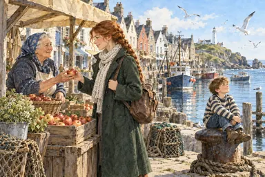 Storybook watercolour (style): a sunny morning on the quay: the heroine, a market woman and a boy