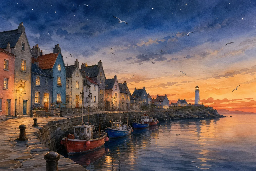 Storybook watercolour — an empty harbor town at dusk