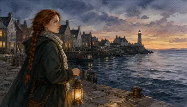 Storybook watercolour (style): the heroine with a lantern on the pier at dusk