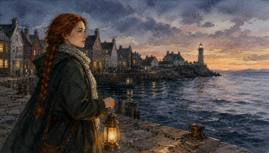 Storybook watercolour — the heroine with a lantern on the pier at dusk
